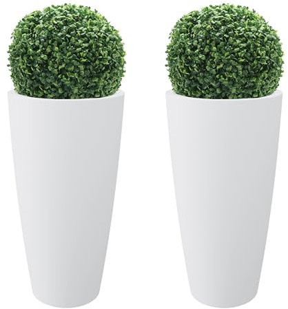 Nicoli Style Vase haut, 36 x 70 cm, intérieur, extérieur, soucoupe amovible, avec deux buis artistiques inclus (2 pièces, 38 x 85 cm, avec 2 buis, blanc)