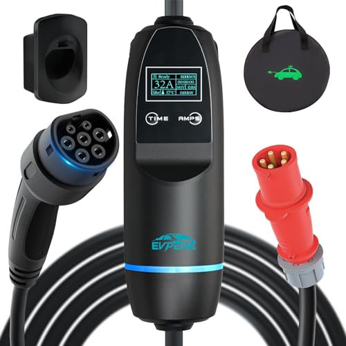 EVPEIWE Mobile Wallbox 22KW 3 Phasig mit Typ 2 Ladekabel für Elektrofahrzeuge & Plug-in-Hybrid-Autos Schaltbar Strom 6A/7A/8A-32A EV-Ladegerät, 5M Tragbares EV Ladestation mit CEE Stecker EV Charger