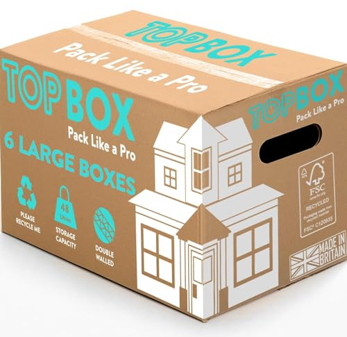 TOPBOX 6 Large Strong Moving Boxes – 48L Double Walled Cardboard Packing & Storage Boxes for Moving House, Shipping, Removal & Packaging | 53cm x 30cm x 30cm | Room Tick List, Handles & Recyclable