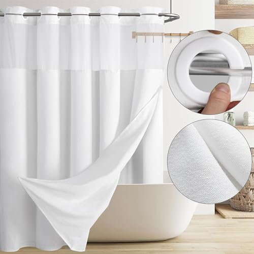 Awellife Rideau de douche sans crochet avec doublure à clipser en mélange de coton et lin pour salle de bain (blanc, 190,5 x 182,9 cm (L x l)