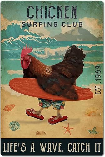 Blechschild mit Hühnerstall-Kunst, Bauernhof-Ranch-Wanddekoration, Metall, Huhn, Surfen, Club, Retro, Vintage-Blechschild, 20,3 x 30,5 cm