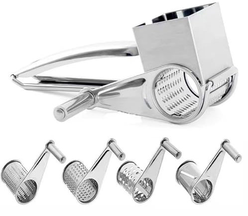 4Pack Stainless Steel Cheese Grater, Kitchen Rotary Handheld Cheese Grater with 4 Roller Blades, Craft Metal Interchangeable Cheese Shredder for Grinding Cheese Chocolate Nuts
