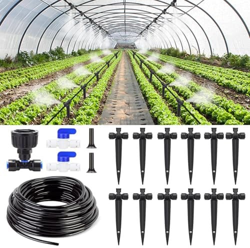 50ft Drip Irrigation System Quick Connect Misting Cooling System Hanging Plant Watering System for Greenhouse Garden Patio Flower Raised Beds with 1/4 Irrigation Tubing and Misting Nozzles
