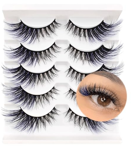3D Künstliche Wimpern Katzenauge mit Farbe, Flauschige Falsche Farbige Wimpern, Cat-Eye Dramatische Flu-ffy Wimpern für Weihnachten, Cosplay, Kostüme, Festliche Tage(5P-Blue)
