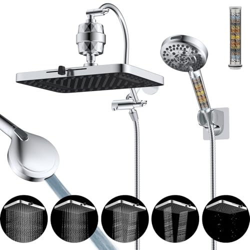 Hibbent Verbesserter Duschkopf mit 5 Strahlarten, 33 cm, doppelt gefiltert, Hochdruck-Handbrause mit 10 Einstellungen, mit 30,5 cm verstellbarem Verlängerungsarm, 20-stufiger Duschfilter, 180 cm