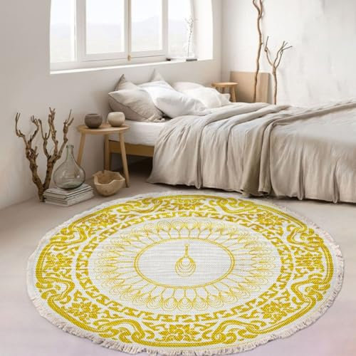 Tomifine Tappeto Soggiorno Rotondo Tappeti con Nappe Antiscivolo Lavabile in Lavatrice in Stile Bohémien con frangia per Cucina Corridoio Camera da Letto (120 cm,Giallo)