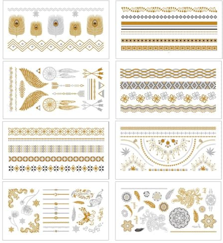 NOPKESV 8 Feuilles Tatouages Temporaires Éphémères,Flash Brillant Métallique,Accessoires Festival et Fête pour Femmes,Filles et Adultes,à Coller sur la Peau,Faux Tatouage,Mariage,Sexy (Doré)