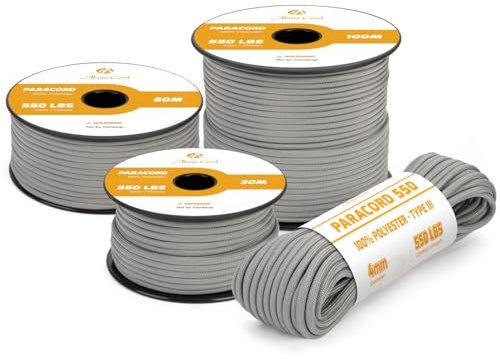 Abma Cord Paracord 4mm 15m Schnur Typ III Paracord 550 Seil 7 Kern für Outdoor, Camping, Survival, Basteln, Armband - Max. 250kg - Grau