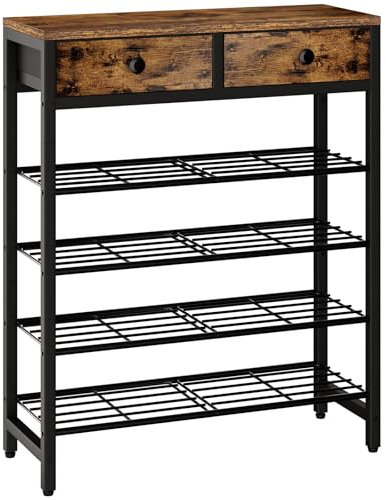 IBUYKE Schuhregal mit 5 Etagen, Große Kapazität Schuhregal mit Ablage für 12-16 Paar Schuhe, Modern Metall Schuhständer mit 2 Stoffschubladen für Eingang Flur Wohnzimmer, Rustikale Braun TXJ041H