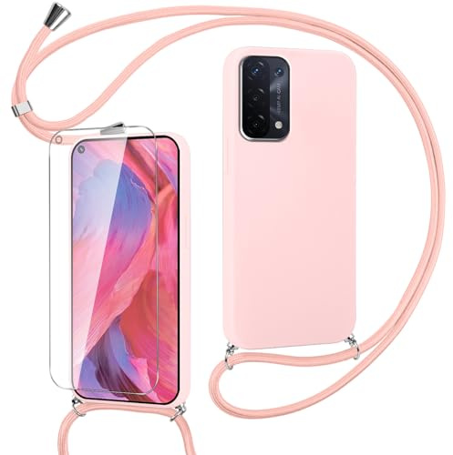 Pnakqil Handykette für Oppo A74 5G/A54 5G Hülle mit Displayschutzfolien, Ultra Dünn Stoßfeste Handyhülle Aesthetic Mattiertes Silikon Schutzhülle Case mit Band für Oppo A54 5G-Roségold