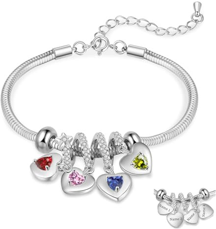 lorajewel Geschenke für mama Kette Muttertag Personalisiertes Armband mit Name Geburtsstein Herz Armband Geschenk für Frauen Weihnachtstag Geburtstag (Silber-4 name)