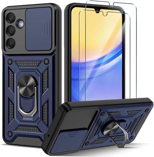 PIXFAB for Samsung Galaxy S25 Case with 2 x Screen Protector Tempered Glass, Shockproof Case with Camera Lens Protection, Protective Ring Armour Phone Case Cover with [Kickstand] - Blue