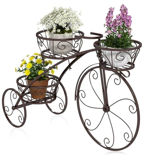 HOMASIS Portavasi a Forma di Bicicletta, Supporto per Piante in Metallo con 3 Livelli, Portapiante Scala per Piante in Stile Vintage per Giardino, Balcone, Ufficio (Bronzo, 85 x 25 x 50 cm)