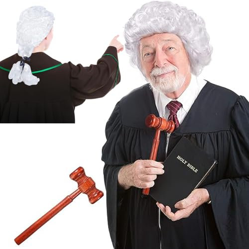 2-Piece Judge Wig And Judge Gavel Set, Formal Judges Wig And Wooden Hammer, Barrister Wig For Court Costume And Role Play