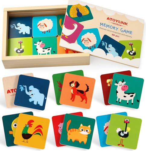 Atoylink Holz Memory Spiel Montessori Spielzeug, Memory Tiere Holzspielzeug mit 30 STK Holzkarten, Lernspiele Montessori Spielzeug Geschenke für Kinder Jungen Mädchen 2 3 4 5 Jahre
