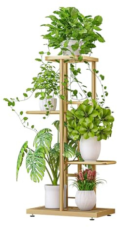 PortoAlegre Support pour plantes - Étagère à fleurs à 4 étages - Étagère à plantes - Étagère pour plantes - Support pour balcon, jardin - Doré - 41 x 22 x 82 cm