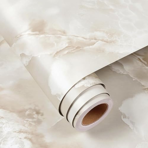 FunStick 60CMx5M Peel and Stick Wallpaper Marble Effect Kitchen Worktop Vinyl Wrap Cream Beige Brown Onyx Marble Wallpaper for Walls Kitchen Counter Vinyl Wrap Sticky Back Plastic for Furniture Tables