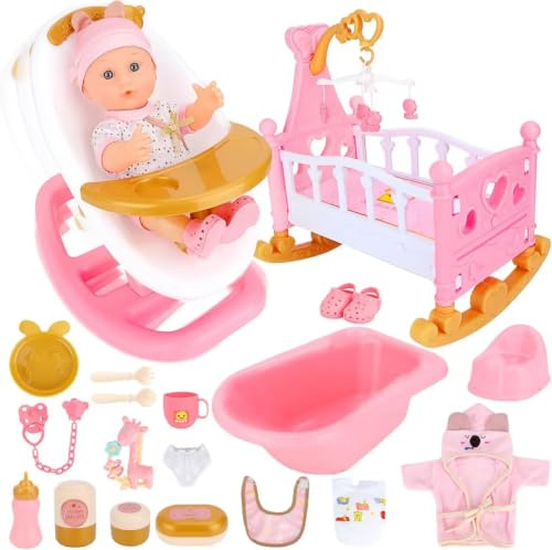 deAO Babypuppe und Zubehör Set, 21-teilig Puppen Spielset für Rollenspiel | 30CM Baby Puppe, Wiegen, Schaukelstühle, Badewannen, Bademäntel, Fütterung und Pflege Zubehör, Geschenk für Mädchen ab 3 Jahr