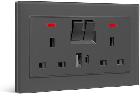 BSEEDLIFE Double Switched Wall Socket,Electric Plug Sockets Outlets with 20W USB/USB-C,13 A,Glass Panel Outlet Compatible with 3 Pin UK Standard Plug,146mm Grey