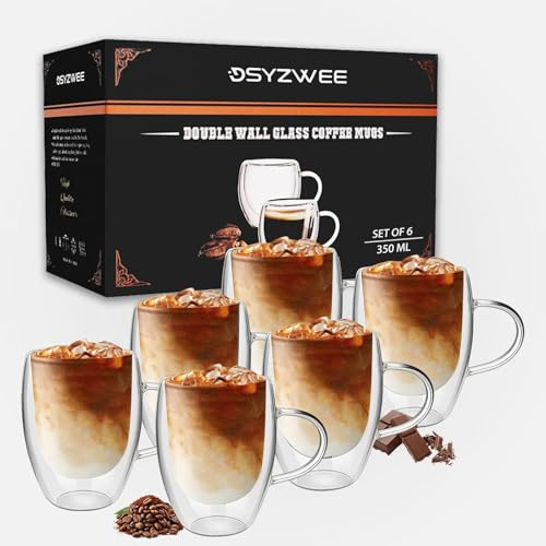 DSYZWEE Latte Macchiato Gläser 350 ml, 6er Set, doppelwandige Kaffeegläser mit Henkel, aus Borosilikatglas, isolierende Cappuccino Gläser für Latte, Milchkaffee & Iced Americano