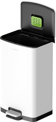 EverGrove 50L Stainless Steel Kitchen Bin, Soft-Close, Arctic White | Single 50L kitchen bin with one removable inner bucket, foot-pedal opening, soft-close lid and 90° stay-open function.