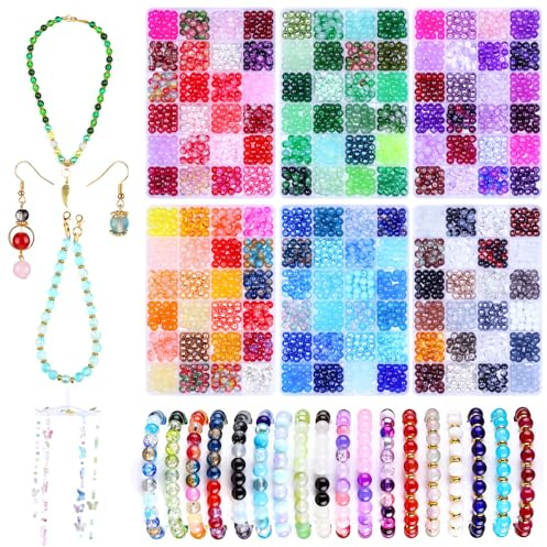 1728 Stück 144 Farben 8mm Glasperlen zum auffädeln,Runde Perlen für Armbänder,Bunte Glaskristall Perlen Set für Armband Basteln Schmuckherstellung DIY Handwerk