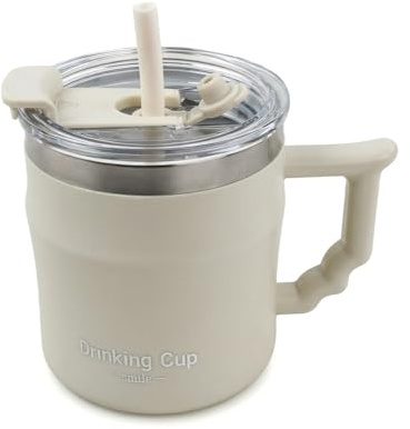 400ml Insulated Coffee Cup with Handle, Stainless Steel Travel Mug with Leakproof Lid & Straw, Reusable Thermal Mug for Hot & Cold Drinks, Double Wall Vacuum Desk Mug for Office Home, Cream White