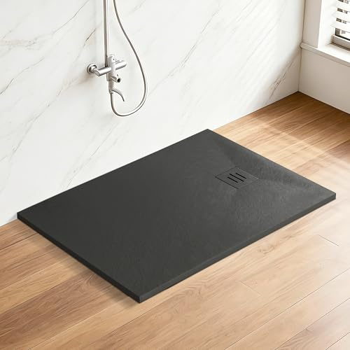 1400 x 800mm Rectangular SMC Shower Base Tray Anti Slip Black | Slate Effect Surface with Slip Resistance, 32mm Height, for Walk-In Wetroom & Shower Enclosure, High Load 300kg Capacity