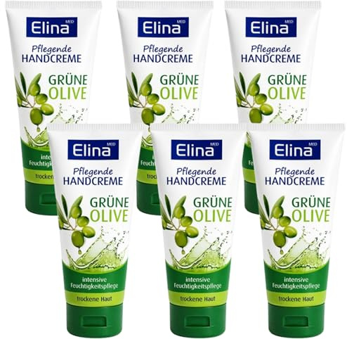 Elina med Handcreme Grüne Olive 6 x 75 ml – Pflegende Feuchtigkeitscreme für trockene und beanspruchte Hände – Mit Olivenöl-Duft – Made in Germany