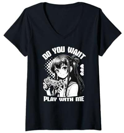 Damen Anime Gamer Girl Willst du mit Mir Spielen Kawaii T-Shirt mit V-Ausschnitt