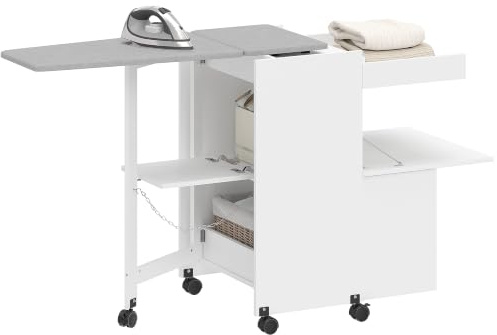 HOMCOM Mobile Asse da Stiro Pieghevole con Ruote 154x55x87 cm Bianco | Portaferro da Stiro, Mobile Multiuso con Ripiani, Vano Aperto, per Lavanderia, Bagno