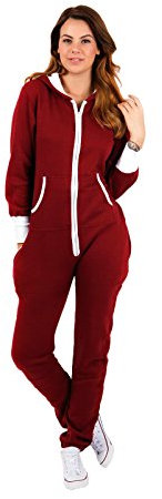 Womens Plain Zipper Onesie Ladies Onepiece All in One Hooded Zip Up Overall Jumpsuit Playsuit, M, Wine