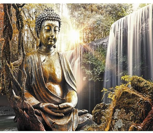 Fototapete murando 400x280 cm Vlies Tapeten Wandtapete XXL Moderne Wanddeko Design Wand Dekoration Wohnzimmer Schlafzimmer Büro Flur Natur Buddha Wald Wasserfall Asia h-C-0032-a-c