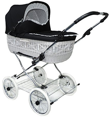 EICHHORN Weidenkorb Kinderwagen Korb Weiß Stoff Schwarz