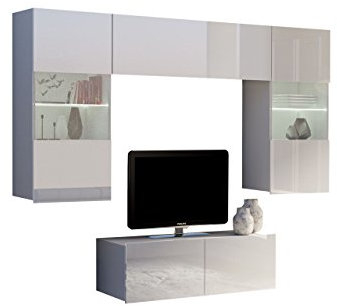 Moderne Wohnwand Calabrini X, Anbauwand, Hängevitrine, TV Lowboard, Wandregal, Mediawand, Wohnzimmerschrank, Fernsehschrank (mit weißer LED Beleuchtung, Weiß/Weiß Hochglanz)