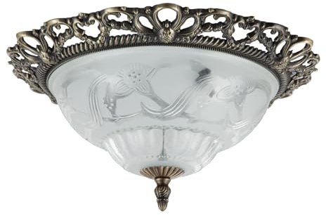 Happy Homewares Traditional and Classic Antique Brass and Floral Glass Flush Ceiling Light