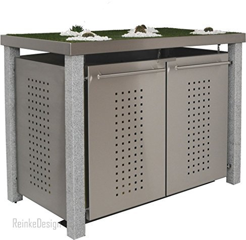 Mülltonnenbox aus Edelstahl mit Granitpfosten 8x8 cm (2X 120l, F-Design, Pflanzenwanne, Edelstahl)