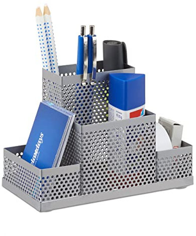 Relaxdays Schreibtischorganizer Metall, Büro Stiftehalter, Schreibtischköcher Kinder, gelocht, HxBxT: 11x16x8cm, silber