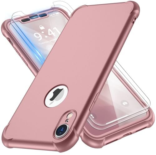 ORETECH Coque Compatible avec iPhone XR, avec 2 x Protecteur D'écran en Verre Trempé 360°Housse Hybride Robuste 2 en 1 Antichoc Ultra Mince Mat Anti Rayures PC TPU Etui pour iPhone XR Or Rose