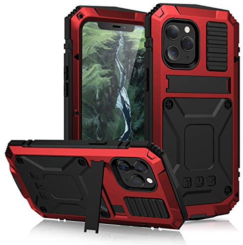 Metal Case for iPhone 12 Mini, Heavy Duty Tough Armour Metal Military Case Built-in Screen Full Body Dustproof Shockproof Cover with Kickstand for iPhone 12 Mini 5.4 inch (Red)