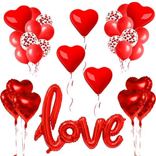 Romantische Deko, Valentinstag Deko 32pcs, Herzluftballons, XXL Love Ballon Rote Herz Folienballon Konfetti Ballon, Love Deko für Heiratsantrag Verlobung Party Dekoration Überraschung