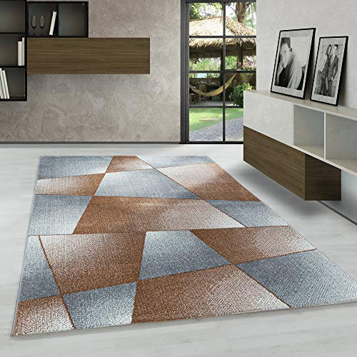 Carpetsale24 Designer Teppich Modern, Kuzflor Abstrakt Gemustert, Rechteckig, Kupferfarbefarbe und Grau, Pflegeleicht, Wohnzimmer Teppich, Größe:140 x 200 cm