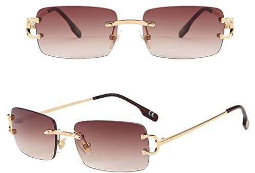SDinm Petites lunettes de soleil étroites sans monture tendance rectangulaires à verres teintés pour homme et femme, Dégradé marron.