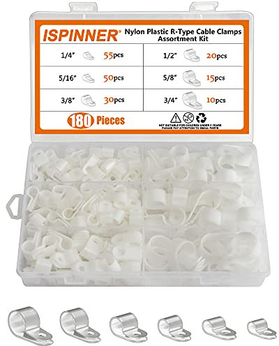 ISPINNER 180 Stück Nylon-Kunststoff-Kabelschellen, R-Typ, 1/4 Zoll, 5/16 Zoll, 3/8 Zoll, 1/2 Zoll, 5/8 Zoll, 3/4 Zoll Clip-Verschlüsse, Sortiment für Kabelkanäle (weiß)