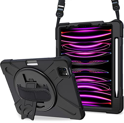 ProCase Stoßfest Robust Hülle für iPad Pro 12.9 Zoll 2022/2021/2020 (6/5/ 4 Generation), Schutzhülle mit 360°Drehstand verstellbar Schultergurt, Heavy Duty Case Hybrid Full Body Cover -Schwarz