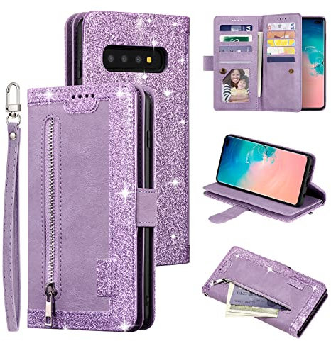 EYZUTAK Wallet Phone Case for Samsung Galaxy S10, Retro Matte 9 Card Holder Slots Zipper Pocket Case PU Leather Magnetic Closure Kickstand with Wrist Strap Shockproof Folio Flip Case - Purple