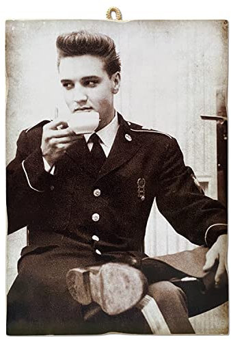 KUSTOM ART CUCUBA Bild im Vintage-Stil Serie Schauspieler & Kaffee Elvis Presley Druck auf Holz 18 x 25 cm.