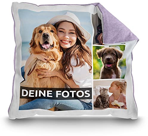 PR Print Royal Kissen mit Fotocollage selbst gestalten - mit 4 Fotos Personalisieren - Geschenk für Freunde und Familie | Rückseite Pastell-Flieder, inkl. Kissenfüllung, 40x40cm