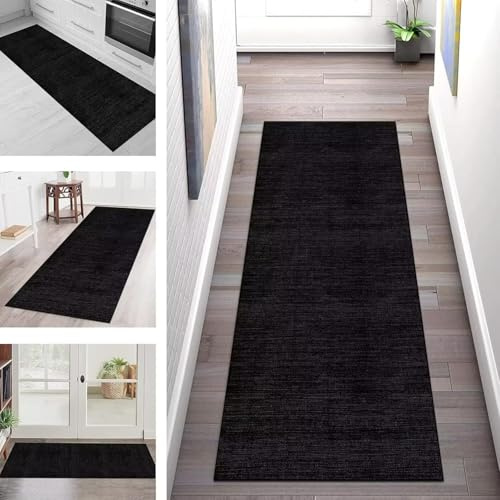 Läufer Teppich Lang Flur rutschfest Waschbar Küche Korridor Teppichläufer Schwarz Dunkelgrau 60X150CM Teppichmatten Küchenläufer Wohnzimmer Kinderzimmer Esszimmer Anpassbare Küchenteppich Meterware