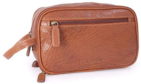 Bucklestone - Trousse de Toilette Homme Cuir - Sac Cosmétique Voyage avec Poignée - Sac de Lavage/Rasage - 3 Compartiments - Durham - Tanne